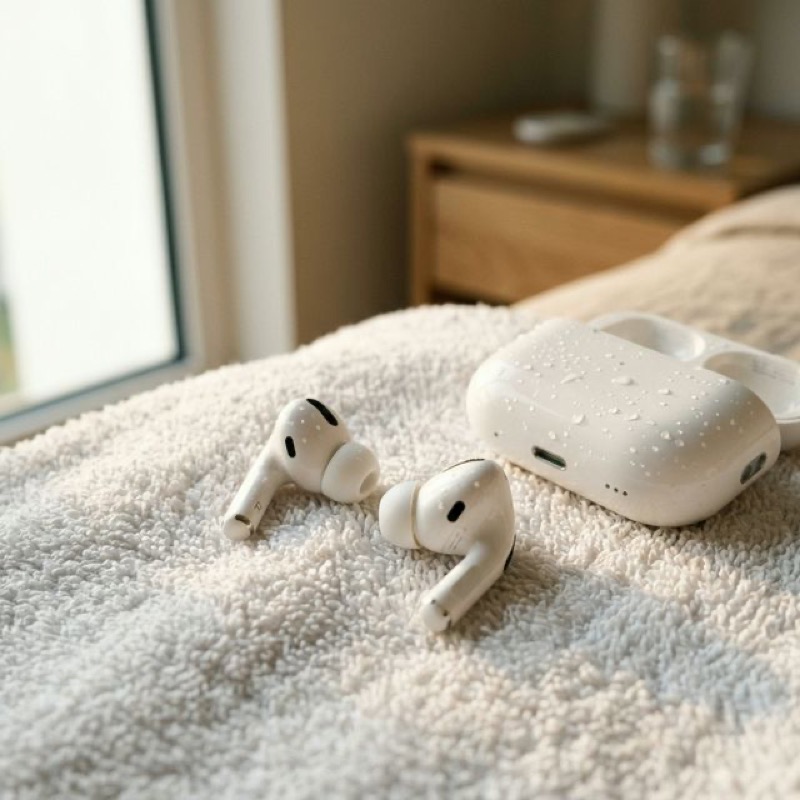Wet AirPods Pro on towel with water droplets