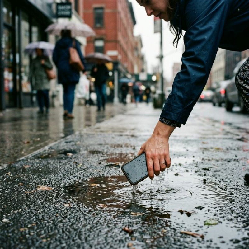 Person picking up wet smartphone from rain puddle
