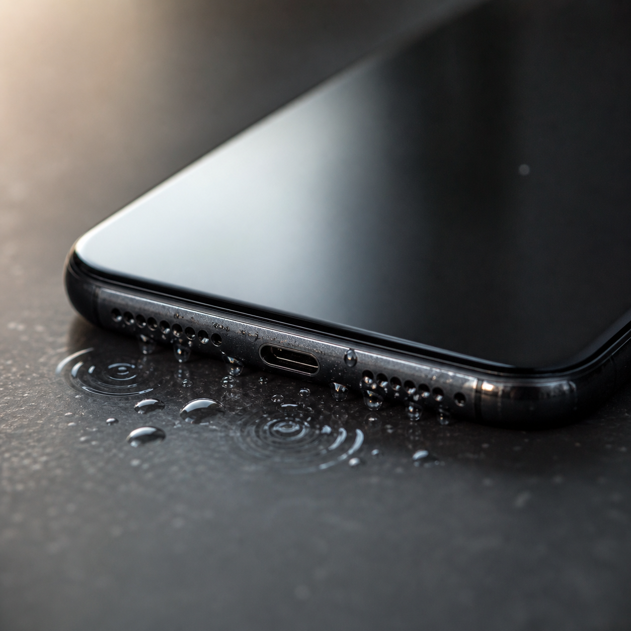 Water droplets around a phone speaker grille during a water eject cleaning cycle