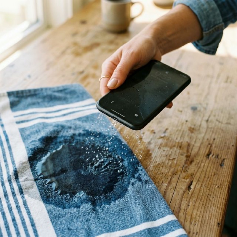 Person holding wet phone with water dripping from speaker