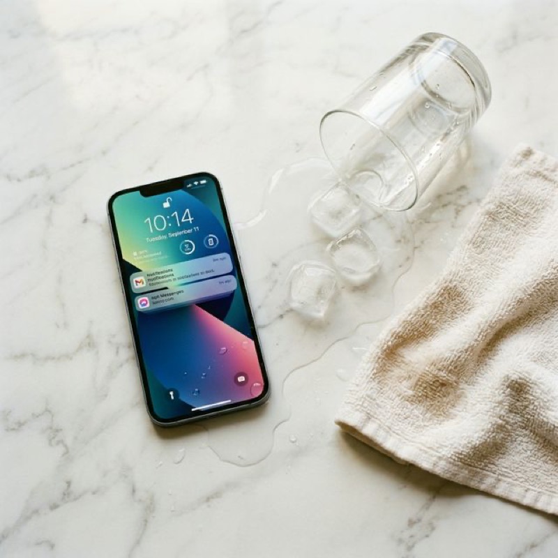 Smartphone next to spilled glass of water on marble