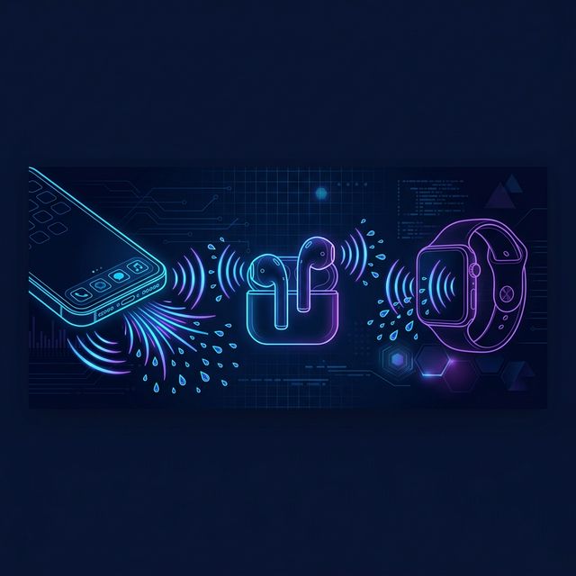 Neon wireframe outlines of a smartphone, earbuds, and smartwatch actively ejecting water droplets using sound wave vibrations